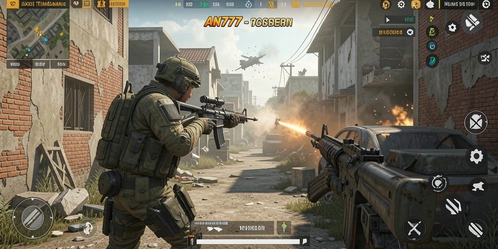 Tampilan aksi mendebarkan dalam gameplay AN777 FPS.
