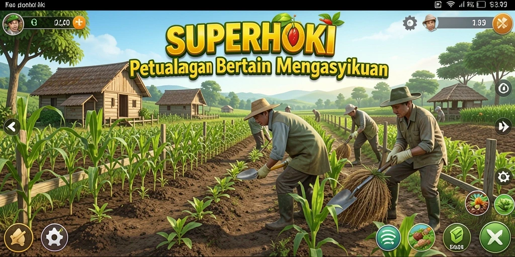 Tampilan gameplay SUPERHOKI dengan ladang yang subur dan hewan ternak.